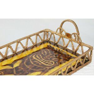 Polynesian Tiki God Capiz Serving Tray Shell God 21"x12" Jewel Brown Gold Woven